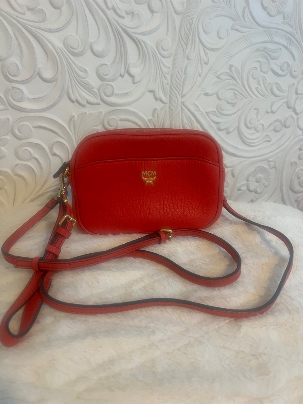 Authentic MCM Red Leather Crossbody Camera Bag comes with COA